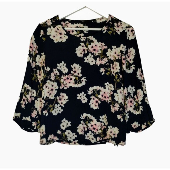 Vero Moda Top Women's L Pink White Floral 3/4 Sleeve Viscose Round Neck Popover - Picture 1 of 8